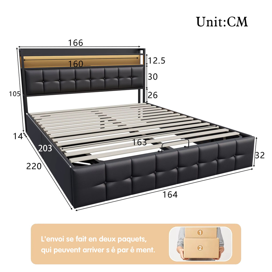 Anajqaqia Polsterbett mit Stauraum und Hydraulikfunktion, Doppelbett aus Leder, Schwarz, B/T: 160 x 200 cm - Bild 2