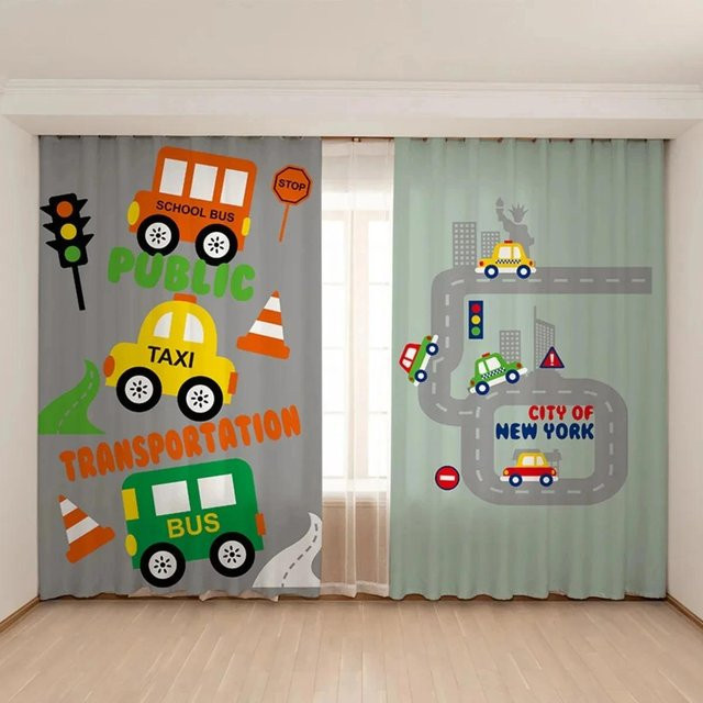Zweiteiliges Kinderzimmer Vorhang-Set mit Spielzeugauto und Bagger Design in Blau und Gelb, Breite: 65 cm, Höhe: 60 cm - Bild 1