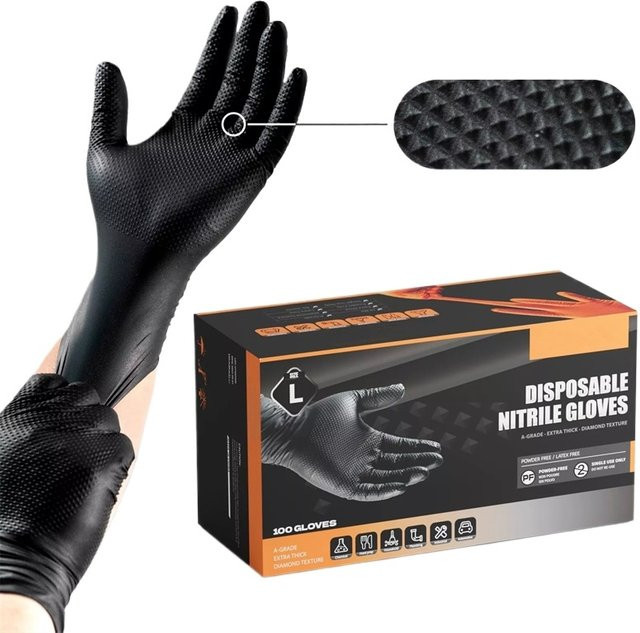 YUMARCH Nitrilhandschuhe in Schwarz, robuste Einweghandschuhe mit Diamantstruktur, latexfrei, Größe L - Bild 1