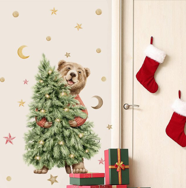 BRUP Wandtattoo mit lächelndem braunem Bären und Weihnachtsbaum als dekorativer Wandaufkleber für dein Zuhause - Bild 1
