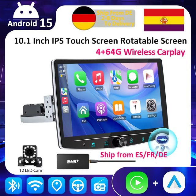 ESSGOO Android 15 Universelles Autoradio mit drehbarem Bildschirm, 1DIN, Kabelloses CarPlay, Bluetooth, WiFi und USB, Schwarz - Bild 1