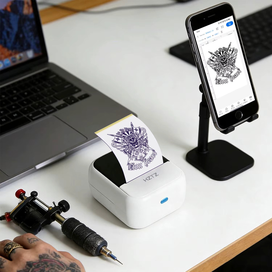 HZTZ Bluetooth Thermischer Etikettendrucker in Weiß für Tattoo-Transfer-Schablonen und Barcode-Aufkleber inklusive 30 Blatt Druckpapier - Bild 1