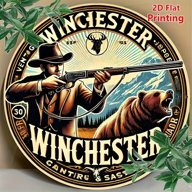 Potdemiel Winchester Vintage Aluminium-Wandkunst, rundes Metallschild mit Tier-Motiv, Mehrfarbig, Durchmesser: 20 cm - Bild 1
