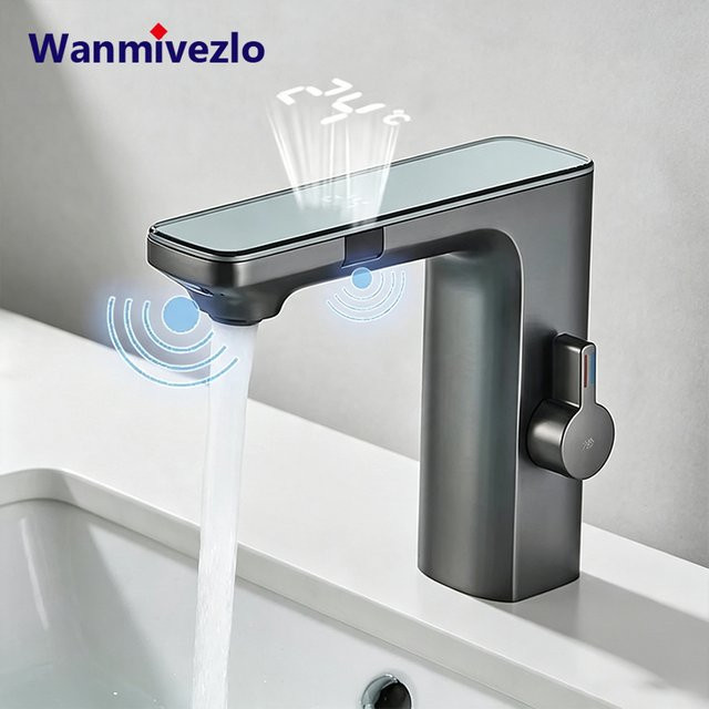 Wanmivezlo Berührungsloser Waschbecken-Wasserhahn mit Infrarot-Bewegungssensor, Einhand-Mischbatterie für Warm- und Kaltwasser, Einloch-Armatur zur Deckmontage in Chrom/Silber - Bild 1