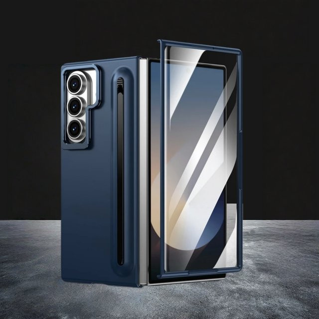 Multifunktionale Samsung Galaxy Z Fold 7 6 5 4 5G Hülle mit integriertem Glasbildschirmschutz, Linsen-Schutz, Kickstand und Touchpen in Blau - Bild 1