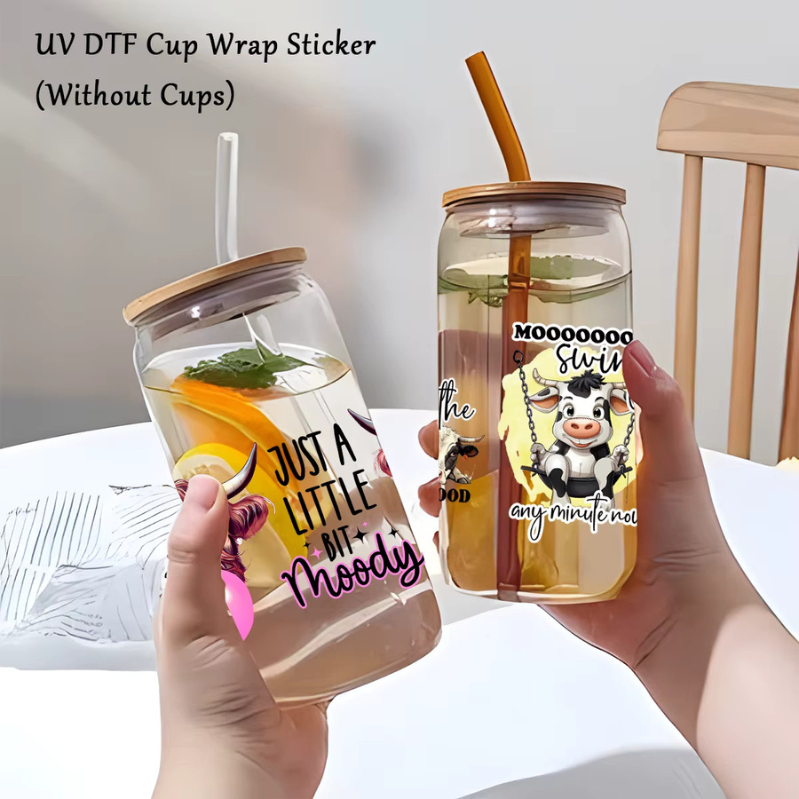 4er-Set UV DTF Tassen-Wraps mit lustigen Kuh-Motiven, wasserdichte selbstklebende Transferaufkleber für Becher und Wasserflaschen, Mehrfarbig - Bild 4