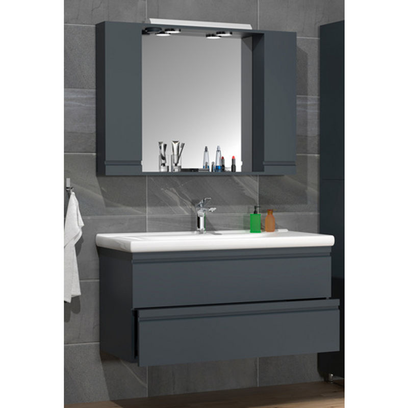 VCM Badmöbel Set Silora XL 3-tlg. in Anthrazit-Grau mit Waschtisch Unterschrank 100 cm, Keramik-Waschbecken und Spiegelschrank mit LED-Beleuchtung - Bild 3