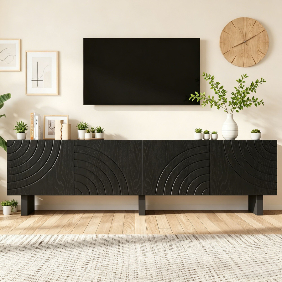 Modernes TV-Lowboard PD1 in Schwarz mit strukturierter Front und Stauraum, B/T/H: 180 x 40 x 55 cm - Bild 2