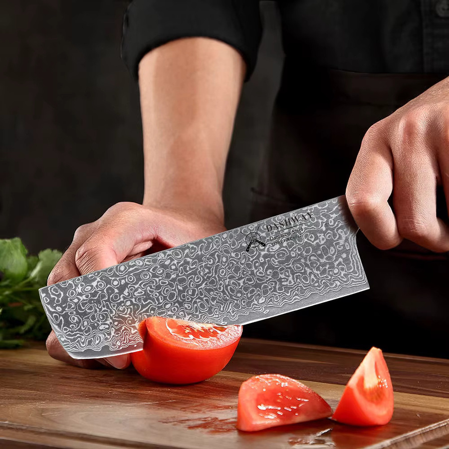 DASHWAY Nakiri Kochmesser aus Damaszener Stahl mit Holzgriff, handgefertigtes Profi-Küchenmesser für Fleisch und Gemüse, 16,5 cm - Bild 4