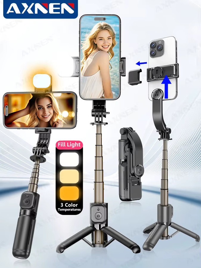 Axnen Bluetooth Selfie-Stick Stativ mit Fernbedienung und abnehmbarem LED-Licht in Schwarz für iPhone und Android-Smartphones - Bild 6