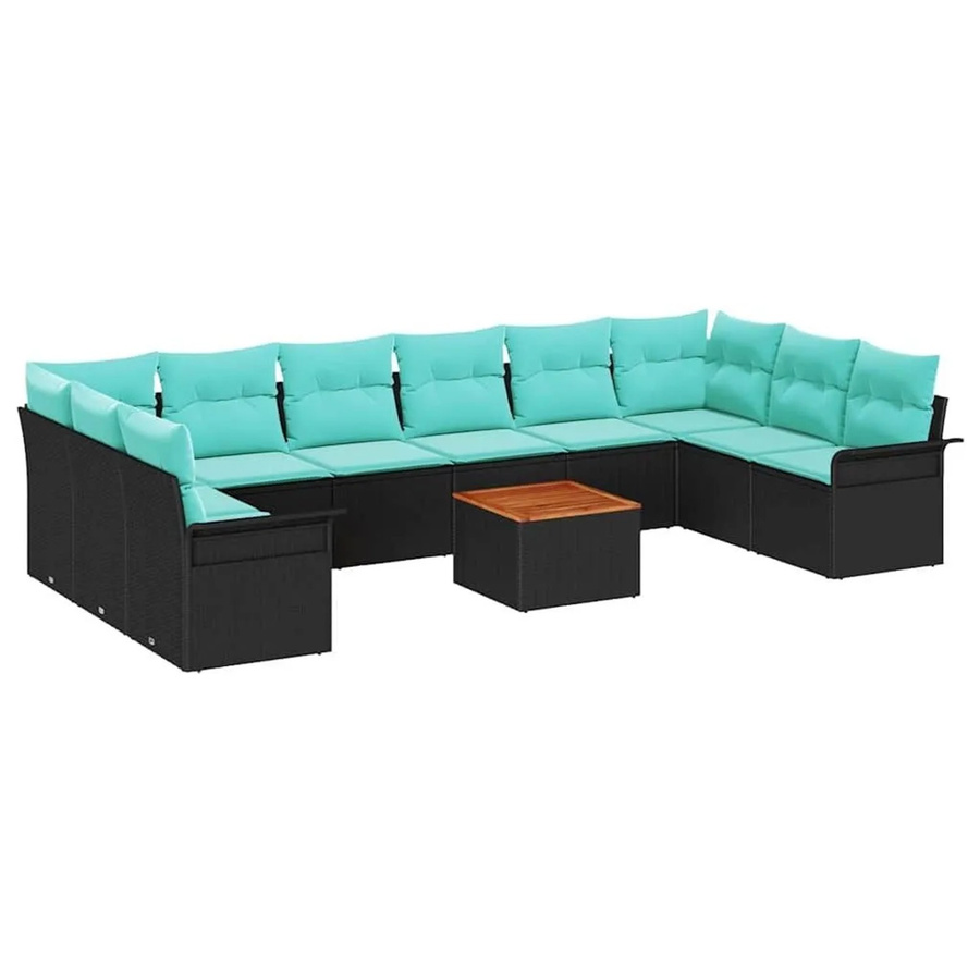 vidaXL Gartensofa-Set 11-teilig aus Poly-Rattan in Schwarz und Türkis mit Polsterkissen und Gartentisch - Bild 2