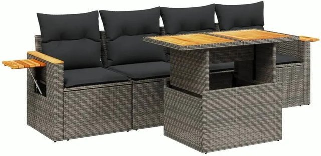 vidaXL 5-teilige Garten-Sofagarnitur aus Polyrattan in Grau mit Kissen und Tisch - Bild 1