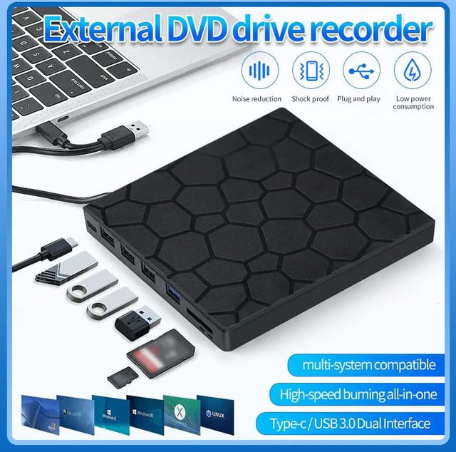 GGBEE 7-in-1 Externes Blu-ray und DVD Laufwerk mit USB-C Anschluss, Schwarz - Bild 1