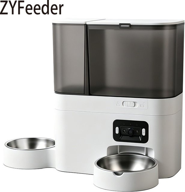 ZYfeeder Automatischer Futter- und Wasserspender für Katzen und Hunde mit WLAN-Kamera und Tuya-App Steuerung, Weiß, 5l Futter und 3l Wasser mit Edelstahlschüssel - Bild 1