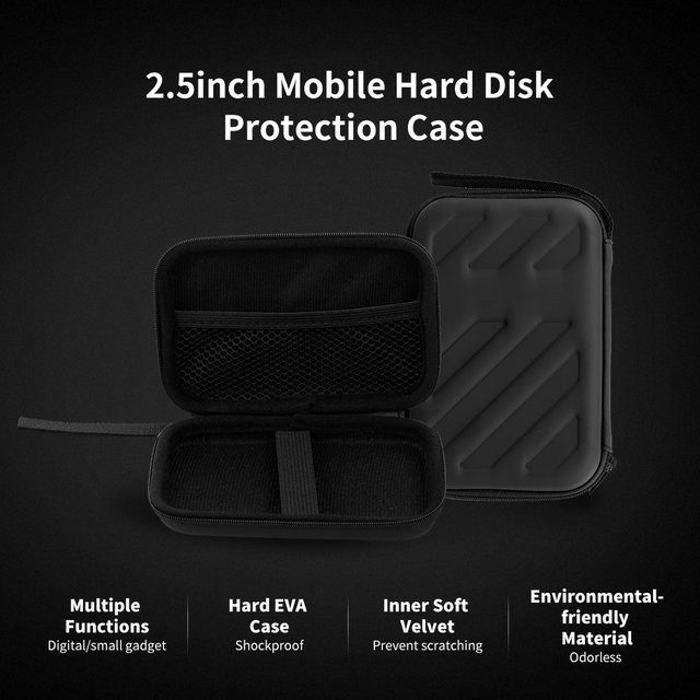Qiilu Externes 2,5 Zoll Festplattengehäuse mit Netztasche und weicher Tragetasche, Schwarz - Bild 1