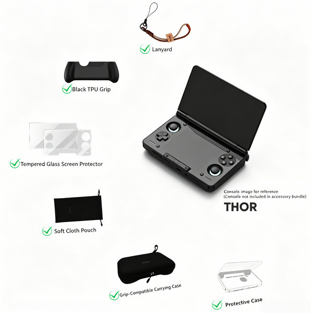 AYN THOR Zubehörpaket in Schwarz mit Griff, Displayschutzfolie, Hartschalenetui, Tasche und Umhängeband - Bild 1