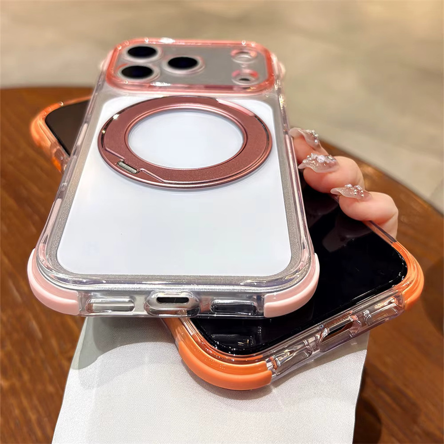 Xeber Handyhülle aus transparentem Acryl und Aluminiumlegierung mit magnetischem drehbarem Klapphalter für iPhone 13 14 15 16 17 Pro Max, Orange - Bild 1