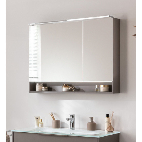 Fackelmann Badmöbel-Set B.Paris in Cubanit Grau mit Spiegelschrank, Glaswaschbecken und LED-Beleuchtung, Breite: 90,5 cm - Bild 4