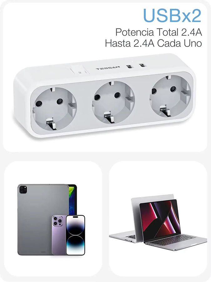TESSAN USB-Wandsteckdosenverlängerung mit 3 AC-Steckdosen und 2 USB-Anschlüssen in Weiß mit Überlastschutzschalter und EU-Stecker - Bild 2