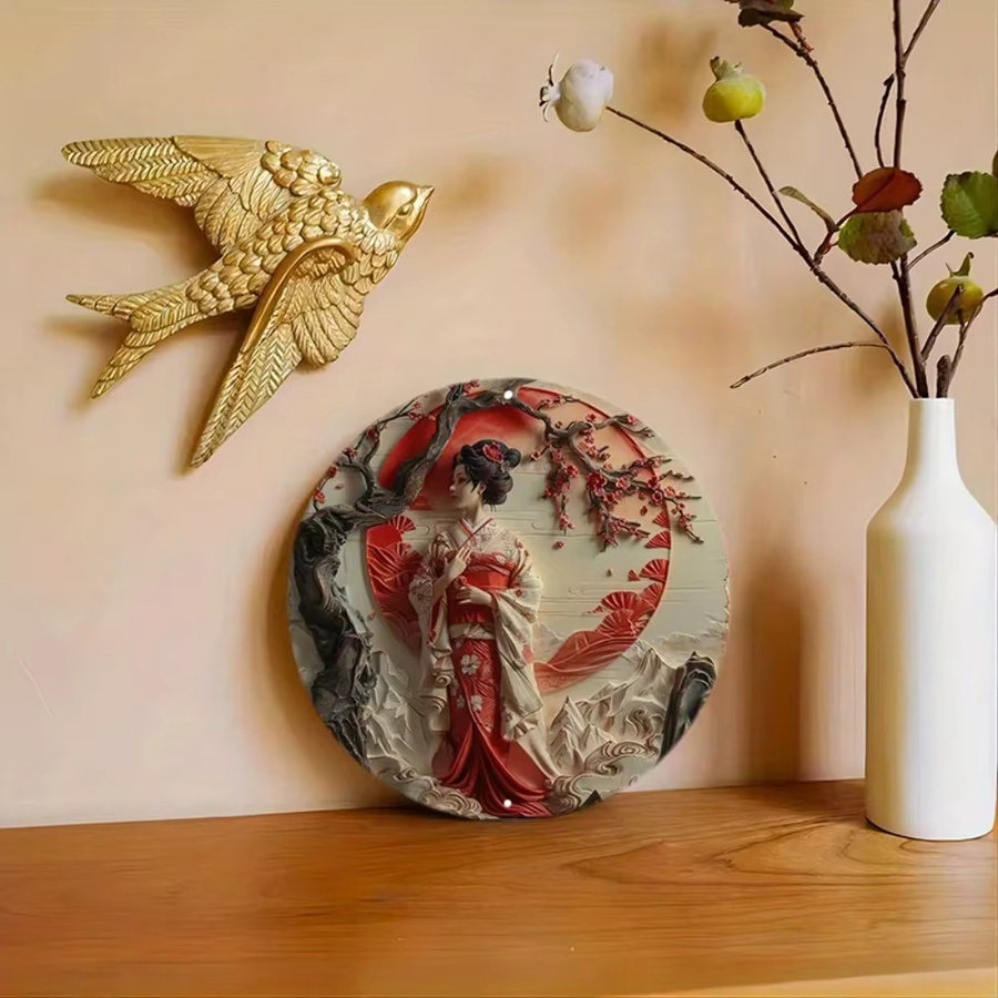 Amawe Aluminium-Wandkunst Japanischer Sonnenuntergang mit Frauenporträt, Rundes Metallschild in Multicolour, UV-beständige Dekoration für Innen und Außen - Bild 2