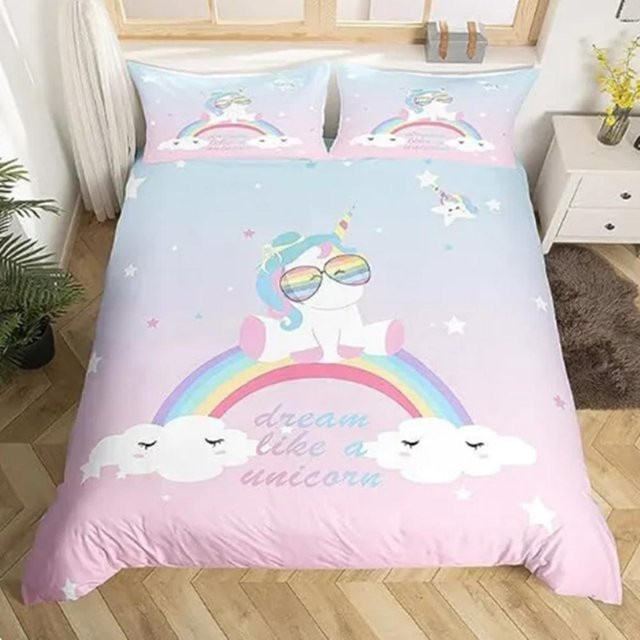 Binchi Outdoor Equipment Doppelbettbezug Set mit Regenbogen und Sternen in Rosa und Gelb, B/H: 180 x 210 cm - Bild 1