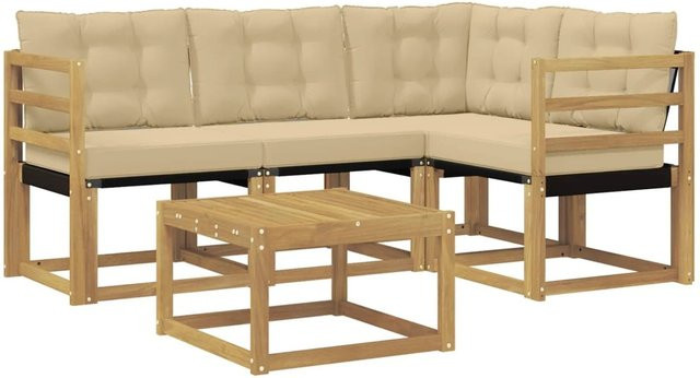 vidaXL Outdoor-Sofagarnitur mit Kissen 5-teilig in Weiß und Beige aus Holz und Polyester - Bild 1