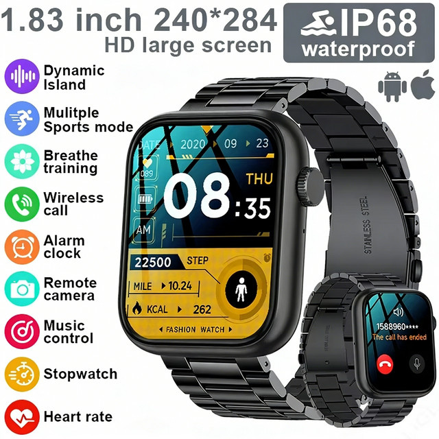 KESHUYOU Smartwatch, Edelstahl, Silikon, Schwarz, Herren und Damen - Bild 1