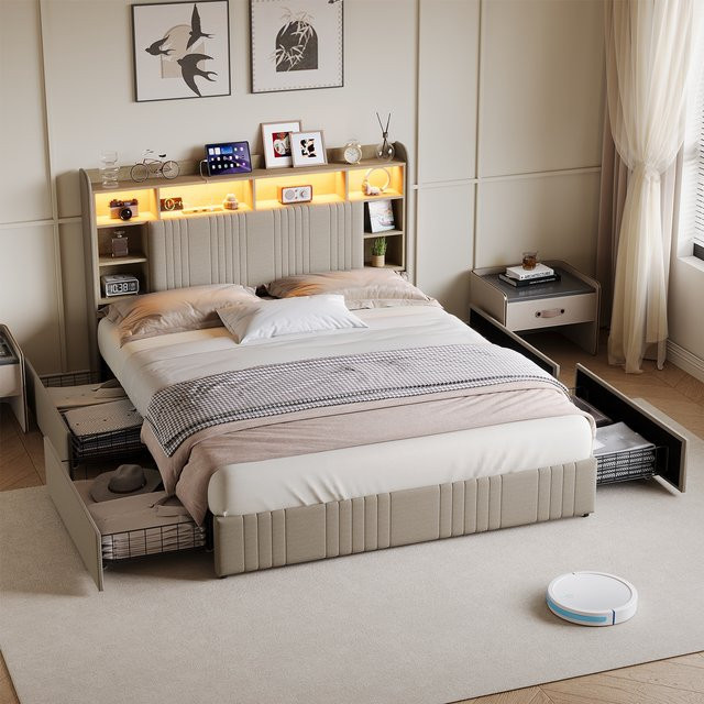 Superaly Plattformbett aus Leinen in Beige mit 4 Schubladen, LED-Beleuchtung, USB-Ladestation und Kopfteil mit Bücherregal, B/T: 160 x 200 cm - Bild 1