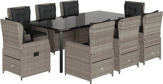 vidaXL 9-teilige Garten-Essgruppe aus Poly Rattan mit Kissen und Glastisch in Hellgrau - Bild 1