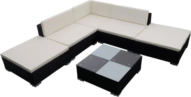 vidaXL 6-tlg Garten-Lounge-Set aus Poly Rattan in Schwarz mit Auflagen und Glastisch im L-Shape Design - Bild 1