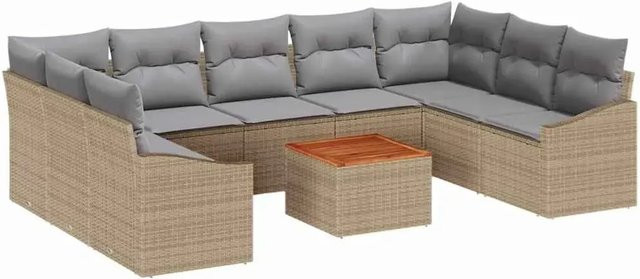 vidaXL Garten-Sofa-Set aus Poly-Rattan in Beige mit 10 Teilen, inklusive Kissen und Couchtisch, wetterbeständig und UV-resistent - Bild 1