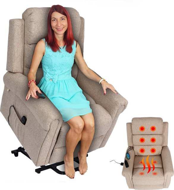 MCW Fernsehsessel K63 Relaxsessel mit Aufstehhilfe, Massage und Heizfunktion, Stoff, Beige-Braun, B/T/H: 83 x 50 x 150 cm - Bild 1