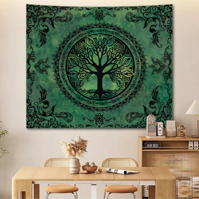 VIKAMA Wandteppich Grüner Naturbaum des Lebens mit Mandala im Boho Hippie Stil, Ästhetischer Wandbehang für dein Schlafzimmer, B/H: 160 x 120 cm - Bild 1