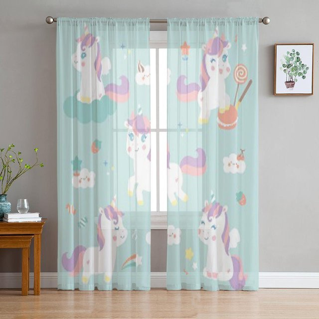 A Family Of Home Textiles Tüllvorhang mit Einhorn-Motiv und Bonbons, transparent, B/H: 135 x 160 cm, 2er-Set - Bild 1