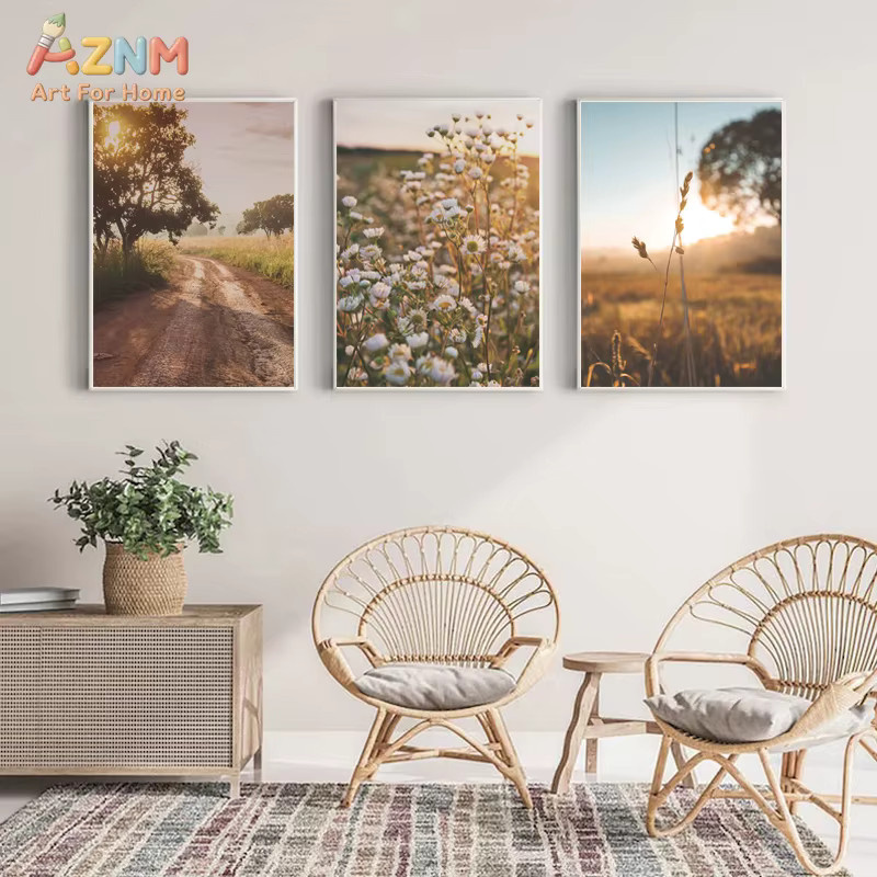 AZNM Golden Hour Countryside und Sonnenblumenfeld Leinwand-Wandkunstdruck mit inspirierendem Zitat in Gelb und Multicolour, florale Naturlandschaft als Textildruck ohne Rahmen - Bild 2
