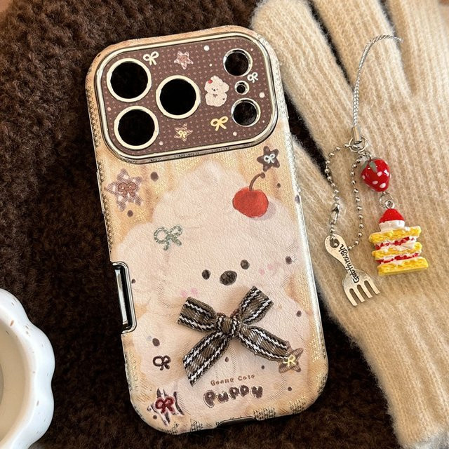 MUQGEW Handyhülle mit Koreanischem Cartoon Welpen Design und Kuchen Anhänger aus Leder Textur für iPhone 11 bis iPhone 17 Pro Max, Stoßfest, Mehrfarbig - Bild 1