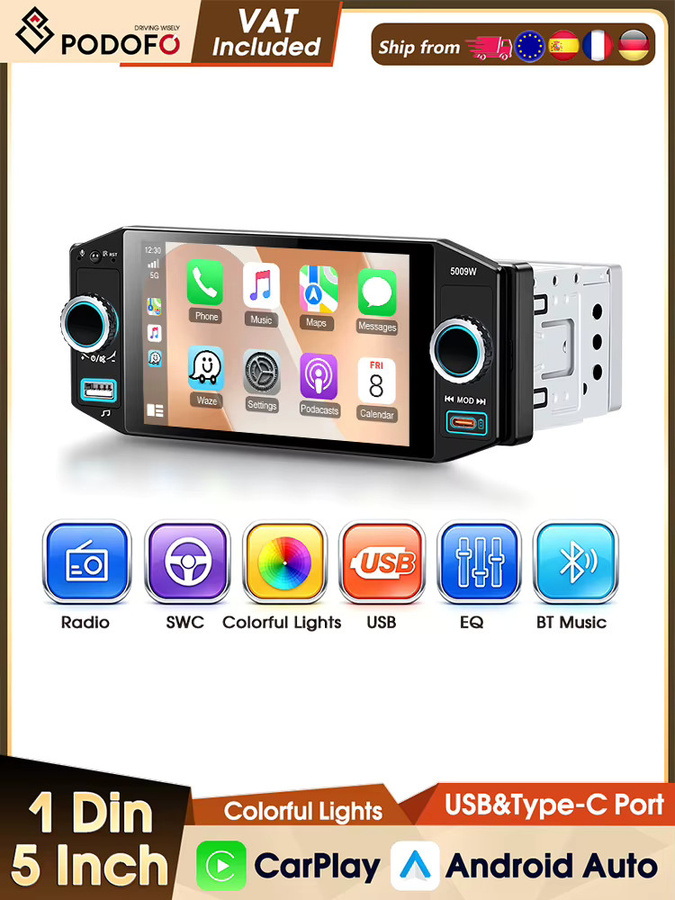 Podofo 5-Zoll Universal-Autoradio in Schwarz mit IPS-Bildschirm, FM/AM/RDS, kabellosem CarPlay und Android Auto sowie Lenkradfernbedienung und MP5-Player - Bild 5
