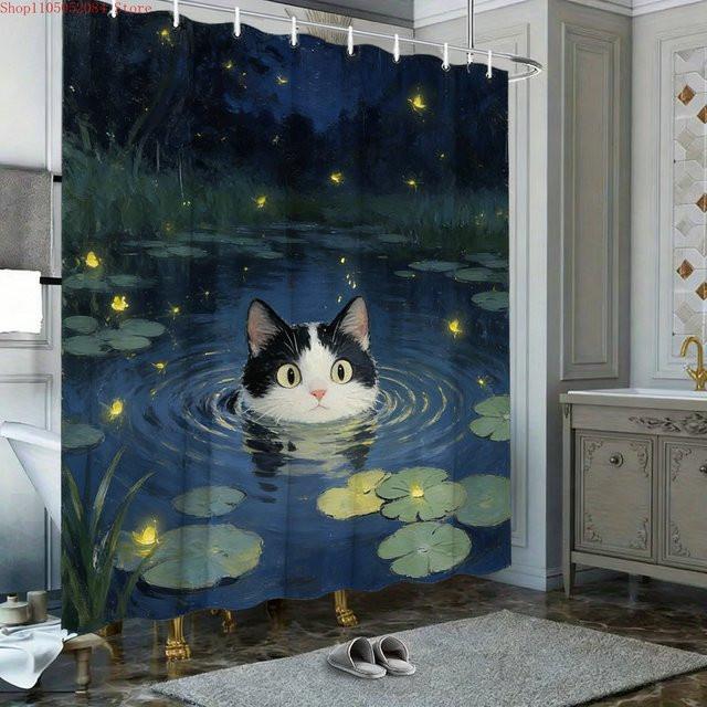 Wasserdichter Duschvorhang von BEAST KINGDOM mit Ölgemälde-Motiv Schwarz-Weiß-Katze im Teich mit Seerosen und Glühwürmchen, Farben: Schwarz, Weiß, Blau, B/H: 180 x 90 cm - Bild 1