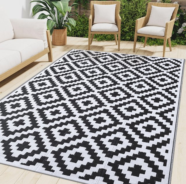 Olanly Outdoor-Teppich in Schwarz, wendbarer geometrischer Teppich aus Polypropylen für Terrasse und Garten - Bild 1