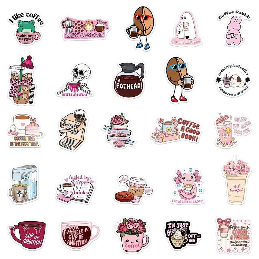 50 Stück ästhetische Kaffee-Aufkleber in Rosa und Multicolour, wasserfeste DIY-Sticker für Laptop, Skateboard und Helm - Bild 2