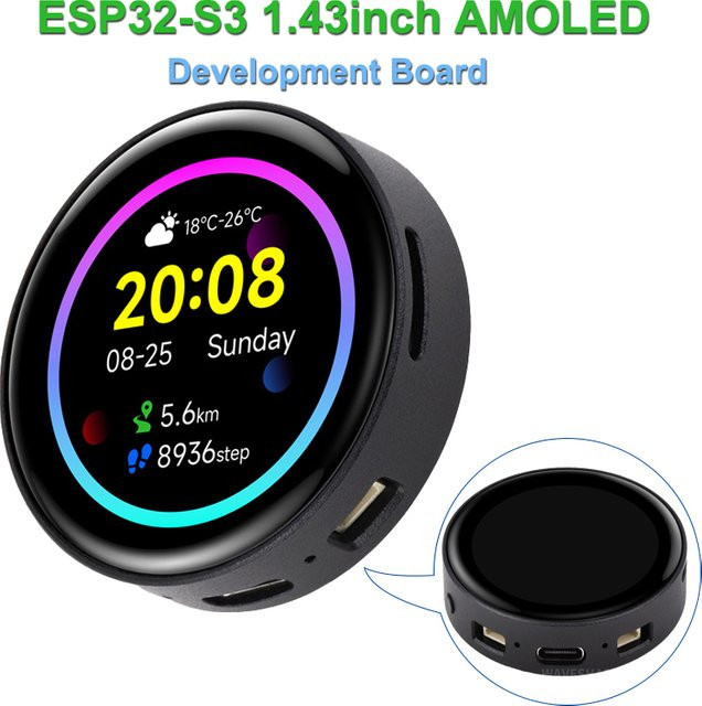 Waveshare ESP32-S3 Entwicklungsboard mit 1,43 Zoll AMOLED Rundes Touchscreen Display 466 x 466 Pixel Schwarz - Bild 1