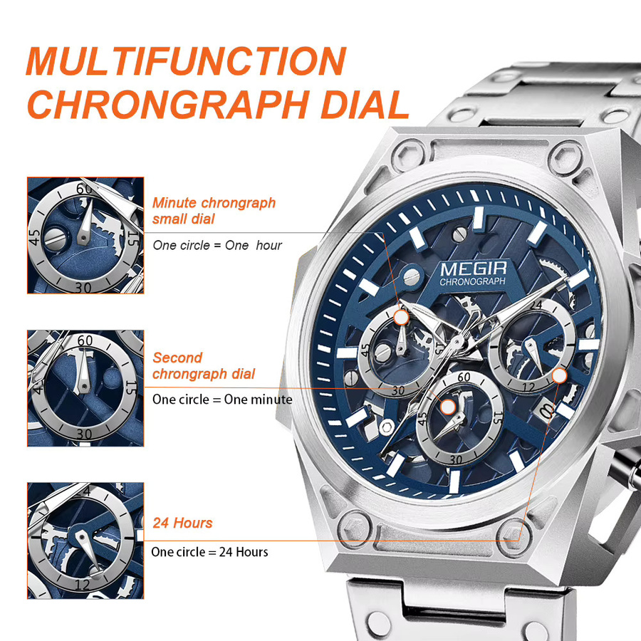 MEGIR Armbanduhr Chronograph, Quarz, Edelstahl, 5 ATM, Herren - Bild 6