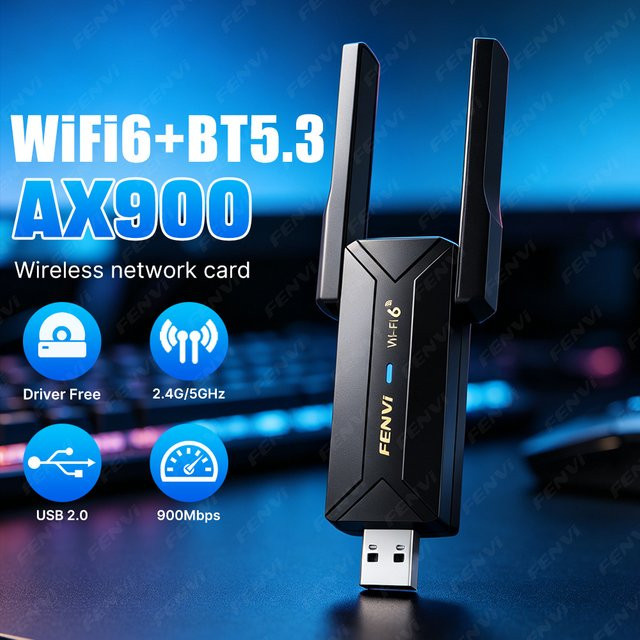 Fenvi AX900 2-in-1 USB-A WLAN-Adapter mit Wi-Fi 6 und Bluetooth 5.3, Dual-Band 2,4G/5GHz Netzwerkkarte, Schwarz - Bild 1