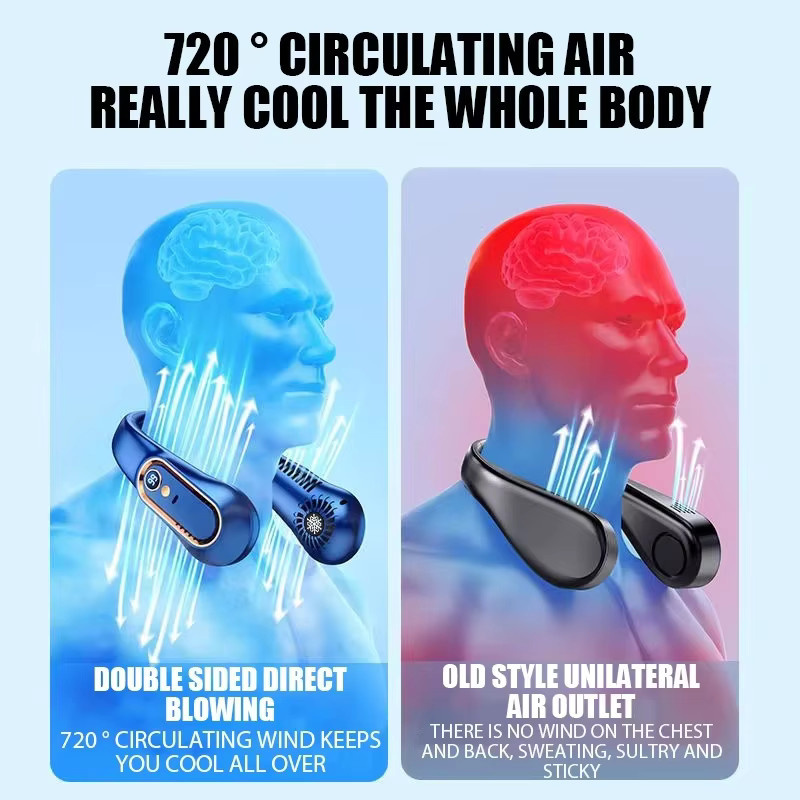 Tragbarer JIYUE Halsventilator in Blau mit 8000 mAh Akku, blattlos, wiederaufladbar und LED-Digitalanzeige - Bild 4