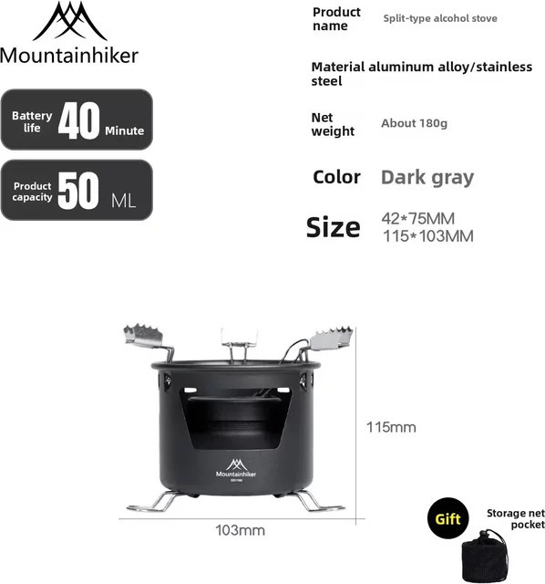 MOUNTAINHIKER Upgrade Alkoholofen für Flüssig- und Festbrennstoff, tragbarer Campingkocher mit Kessel, Schwarz - Bild 1