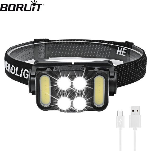 Boruit LED Stirnlampe mit Bewegungssensor, wiederaufladbarer COB-Scheinwerfer mit 5 Lichtmodi, Typ-C-Anschluss, wasserdicht, Schwarz - Bild 1