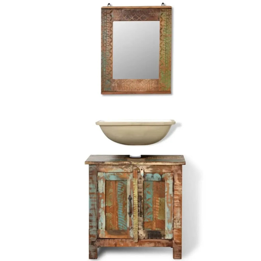 vidaXL Badmöbel Set aus Massivholz mit Waschbeckenunterschrank und Spiegelschrank in Antik-Optik, B/T/H: 60 x 60 x 30 cm - Bild 2