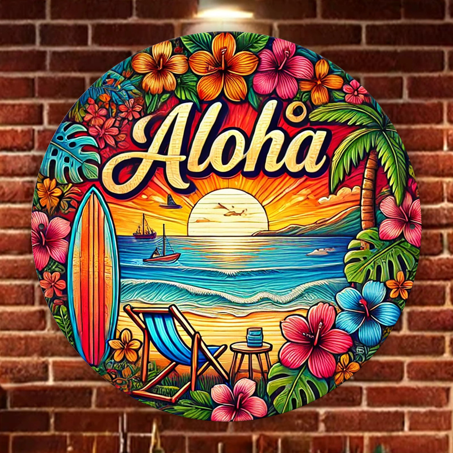Potdemiel Hawaiianisches Aloha Wandschild aus Metall, Runde Türdekoration mit Blumenkranz und Strandmotiv, Mehrfarbig, Durchmesser: 20 cm - Bild 3