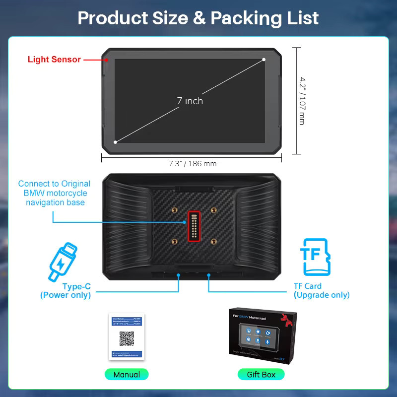 Cogamichi Tragbarer GPS-Motorrad-Navigator für BMW mit kabellosem CarPlay und Android Auto, Bluetooth, IPX7 wasserdicht, 7 Zoll HD IPS Display, Schwarz - Bild 6