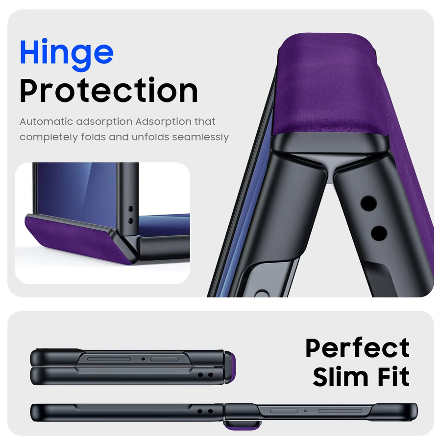 BANGZAO Schutzhülle für Galaxy Z Flip 6, Z Flip 7 und Z Flip 7FE mit integriertem Displayschutz und Scharnierschutz, ultradünne matte PU-Leder Handyhülle, Lila - Bild 2